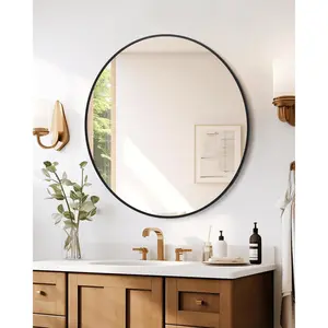 18” Modern Black Round Bathroom Mirror – Metal Framed Circle Wall Mirror, HD Glass, Easy Install, Perfect for Vanity, Entryway, Living Room, Bedroom, Hallway Decor