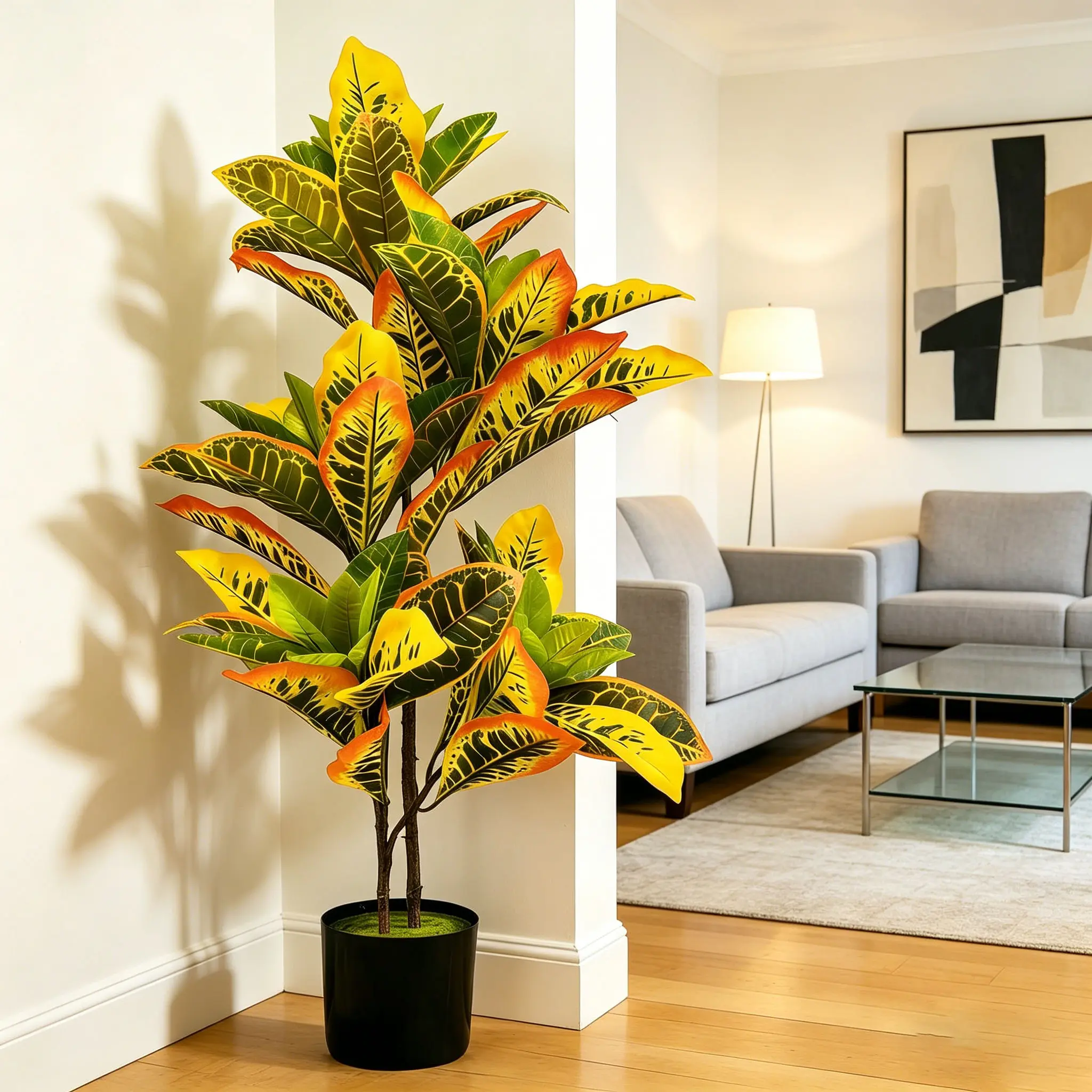 3ft Sturdy Lifelike Artificial Croton Plant - Decorative Art Deco Synthetic Plastic Codiaeum Tree with Black Pot, Maintenance-Free Brazilian Tropical Fake Plant for Earth Day, Home Decor
