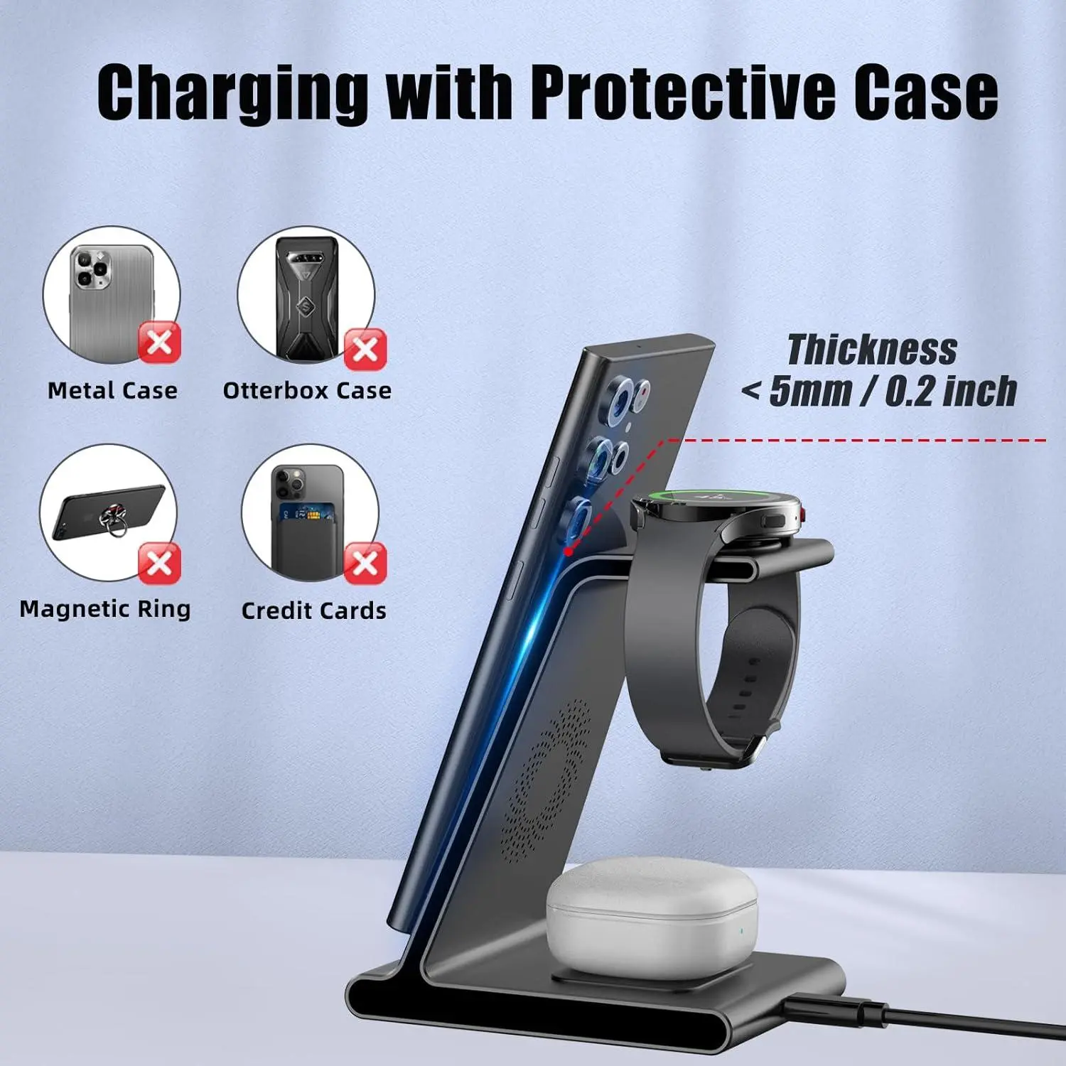 3-in-1 wireless charging station, compatible with Apple, Samsung, and Android – a magnetic charging stand, suitable for iPhone / Galaxy / all Qi-enabled phones / Galaxy Watch / earbuds. Compatible with MagSafe magnetic attachment.Supplier Warranty.