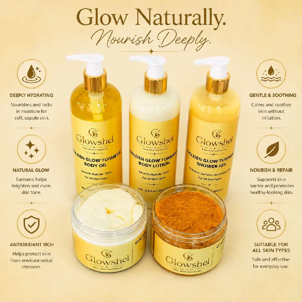 Glowshel Golden Glow Turmeric Body Care Collection | Body Oil, Shower Gel, Lotion, Body Butter & Body Scrub | Hydrating & Radiance-Boosting Skincare Set