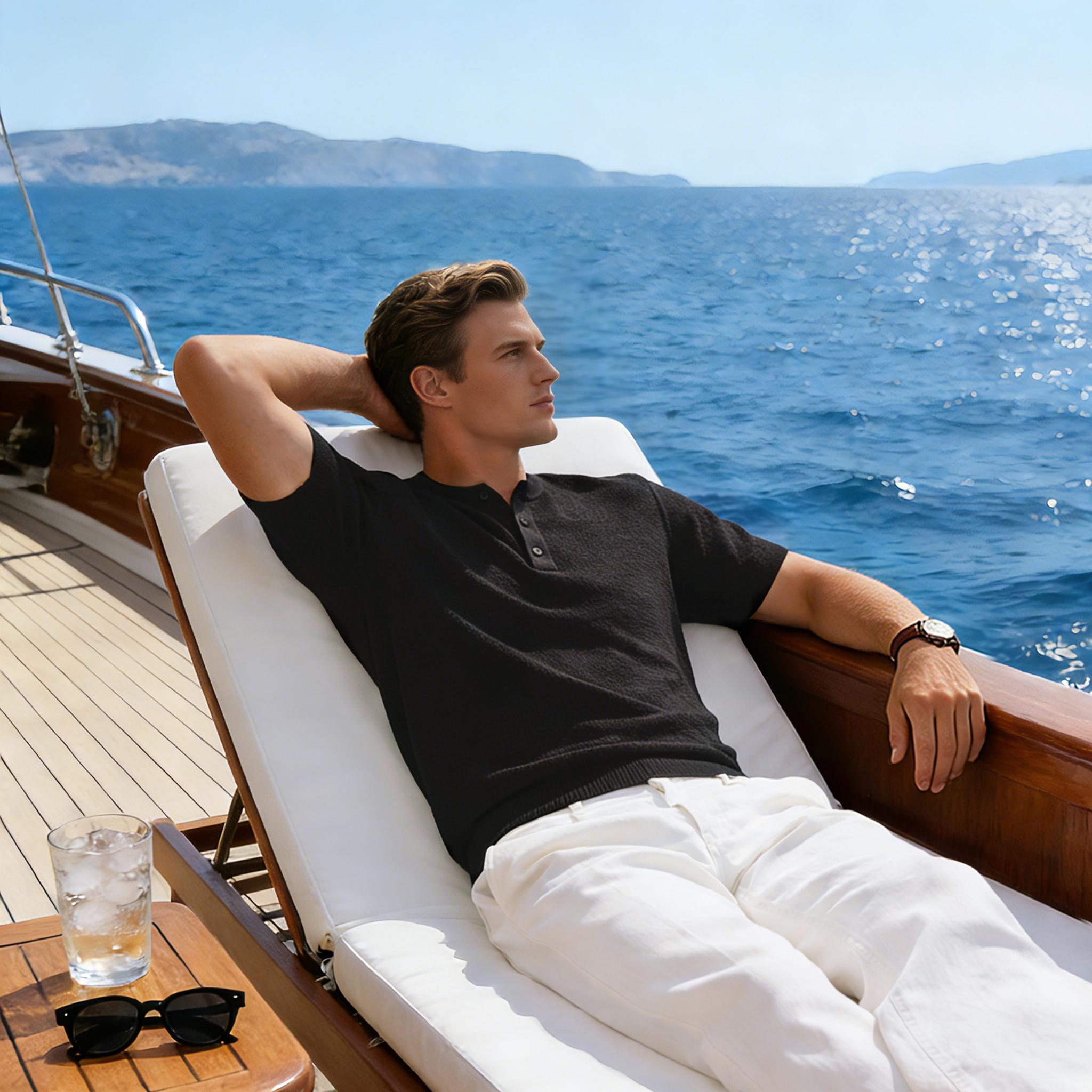 LazyRoad Old Money Style Men's Henley-Neck Short-Sleeve T-Shirt, Breathable Tencel & Linen Blend Knit T-Shirt(Black)-M6006