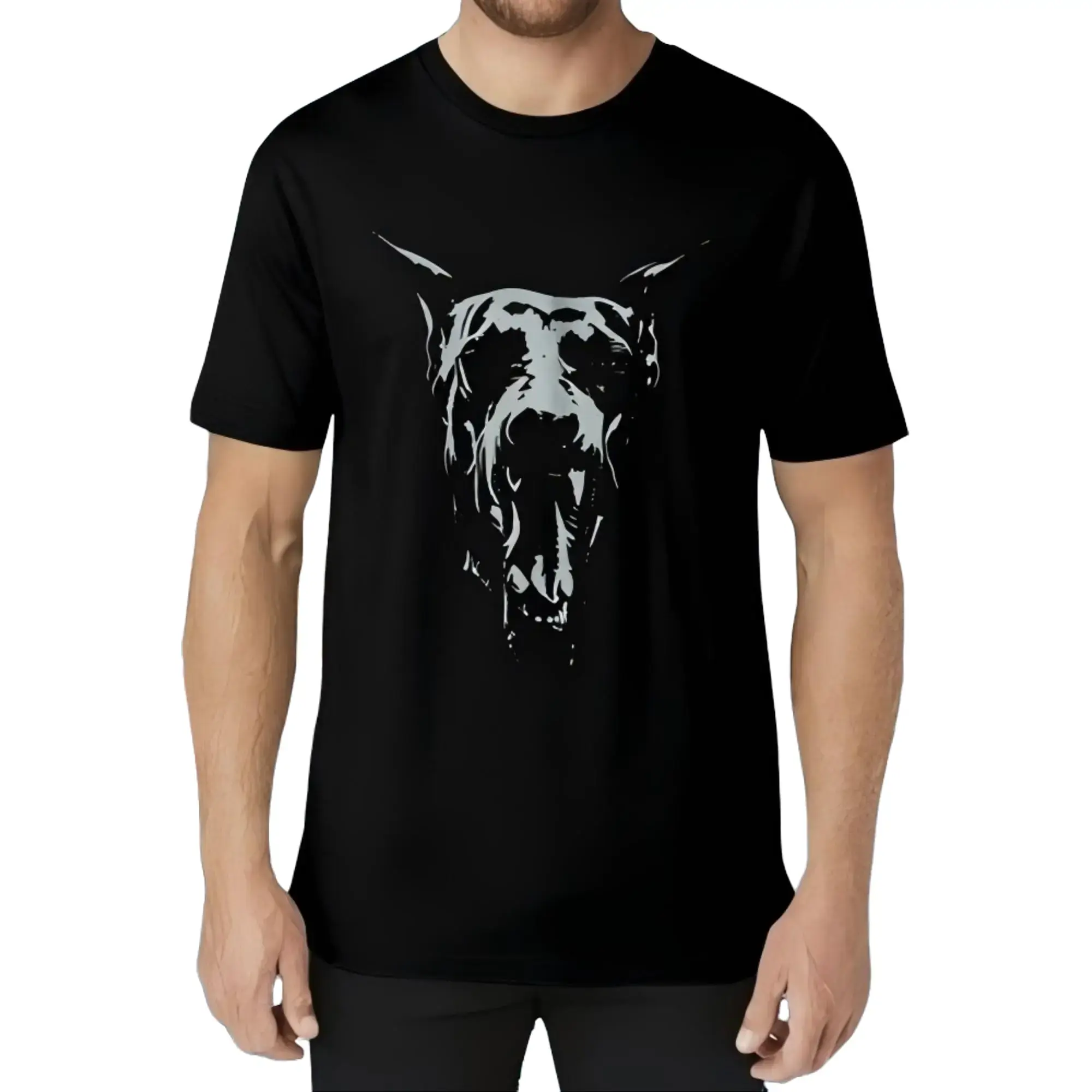 Men's Snarling Doberman Graphic Half Sleeve T-Shirt - Biker, Edgy Dark Streetwear, Oversized Loose Unisex Casual Top, High Contrast Art, Breathable, Black Dog Lover Gift, Crew Neck, Machine Washable, Water-Based Ink, Cold Wash, Cotton, Denim, Layered Unde