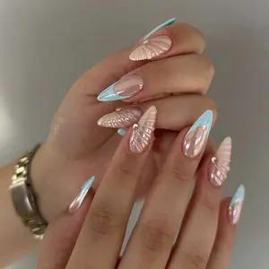 24pcs Shell-Inspired Nail Set, Nude Base with Light Blue French Tips, Almond Shape, Textured Finish, Easy Peel-Off, Perfect for Beach Vacations