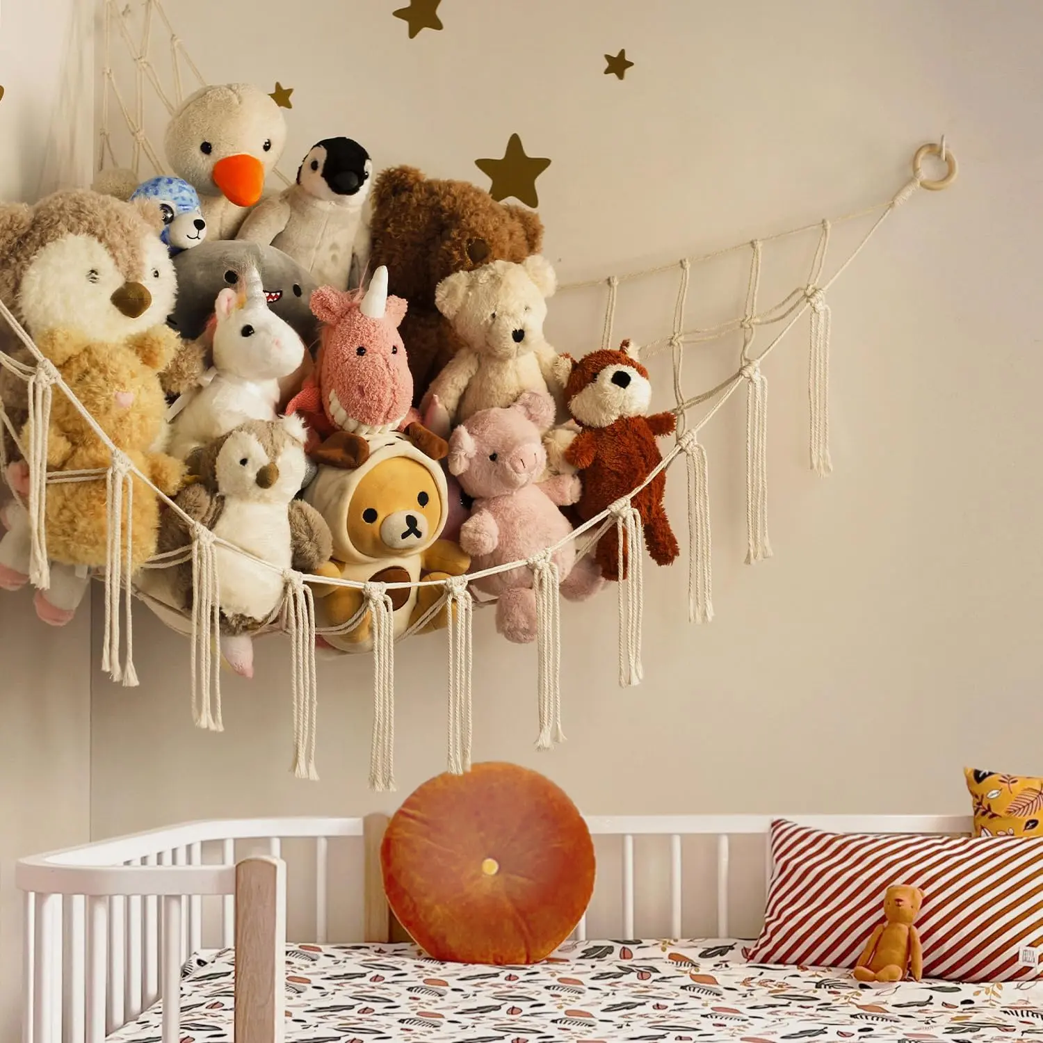 Stuffed Animal Storage Hammock, Large Cotton Macrame Corner Toy Organizer for Plush Toys, Nursery, Playroom & Kids Room Decoration