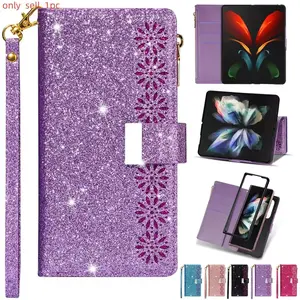 Laser Glitter Flip Leather Case For Samsung Galaxy Z Fold5 Z Fold4 Z Fold3 5G Multi-card Zipper Galaxy Z Fold 5 4 3 Cover