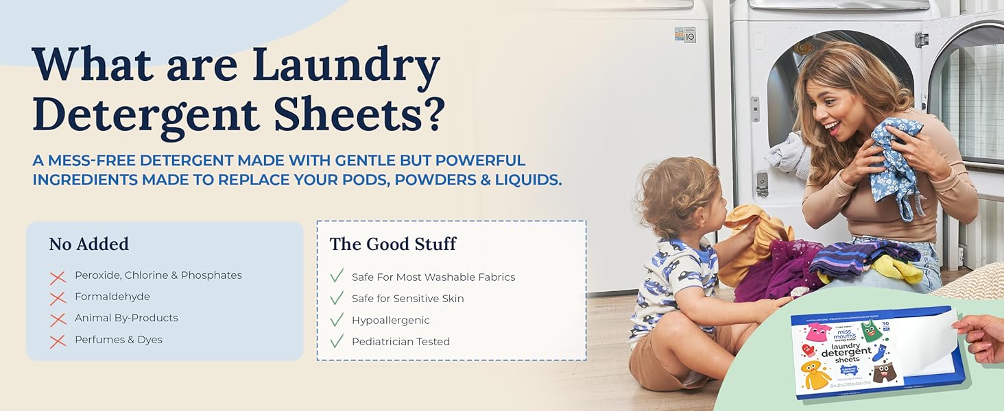 Miss Mouth's Messy Eater Laundry Detergent Sheets - 30 sheets - Clean and Hypoallergenic for Sensitive Skin, Pediatrician & Dermatologist Tested, Fragrance Free