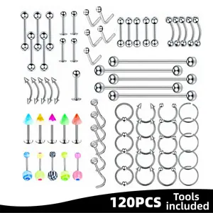 120PCS Body Jewelry Set – Best Gift for Women Men – 316L Surgical Steel, Hypoallergenic, Nickel Free – 14G 16G 18G – Multi-Piece Earrings for Nose, Belly Button, Tongue, Eyebrow, Lip, Cartilage