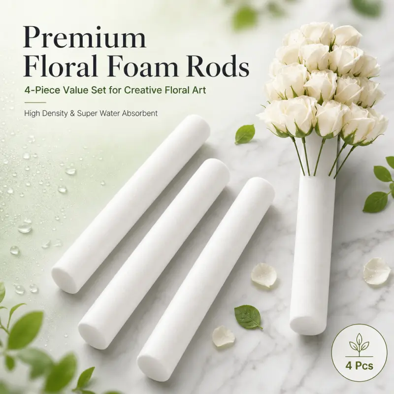 4-Piece Floral Foam Rods, High-Density Water-Absorbent Sponge Sticks for Fresh & Artificial Flowers, Floral Arrangement Supplies for DIY Bouquets