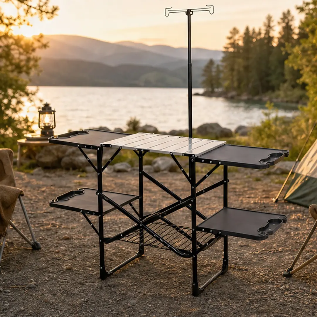 ARCH Folding Camping Kitchen - Modular Folding, Easy-Carry Outdoor Sports Table with Heat-Resistant Top, 4 Side Tables, Storage Rack, Lamp Post, Aluminum Cook Station (14.70 lb, Black/Silver Options), Modular Folding Tables, Outdoor Sports Tables