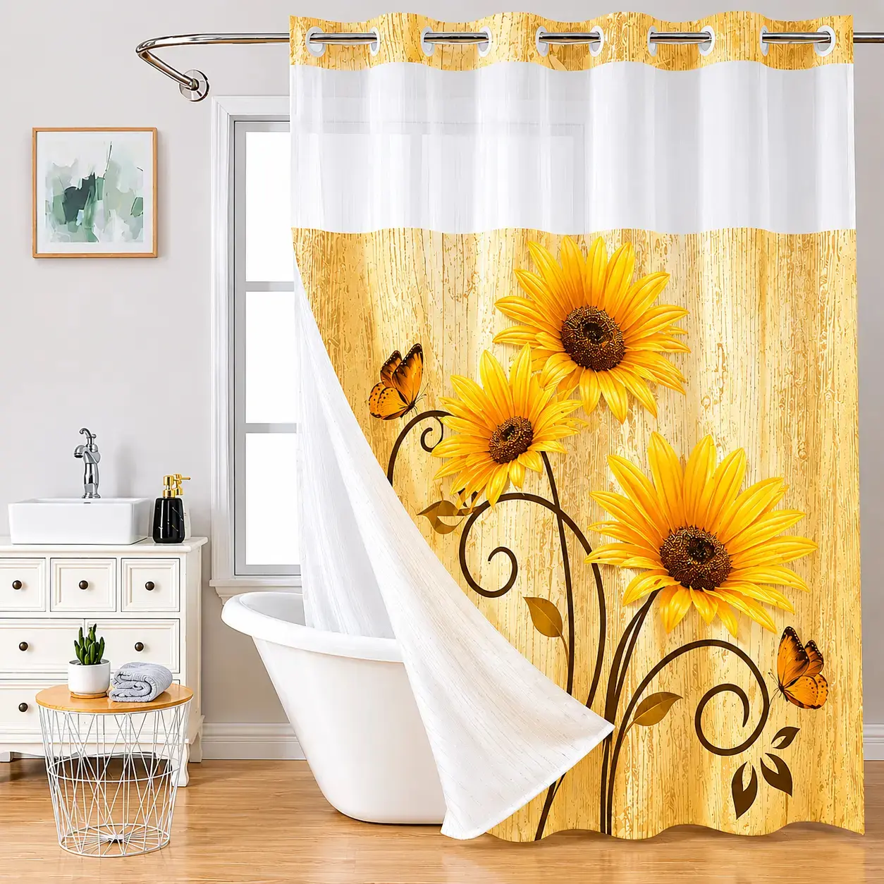 No hooks Sunflower double-layer sunflower printed shower curtain, Waterproof fabric,Modern style home decoration, hotel, dormitory and bathroom accessories, 72x75in
