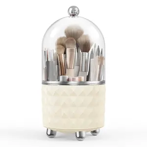 Makeup Brush Holder Organizer, 360° Rotating Dustproof Makeup Brushes Organizer for Vanity, 6 Compartment Make Up Brushes Cup with Lid for Countertop Organization, Skincare