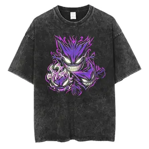 Retro Vintage "Gengar Ghost" - Pokemon Anime Single Printed Oversized Mineral Washed Unisex T-Shirt Gift For Anime Fan Cotton Fabric