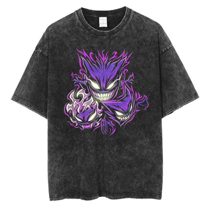 Retro Vintage "Gengar Ghost" - Pokemon Anime Single Printed Oversized Mineral Washed Unisex T-Shirt Gift For Anime Fan Cotton Fabric
