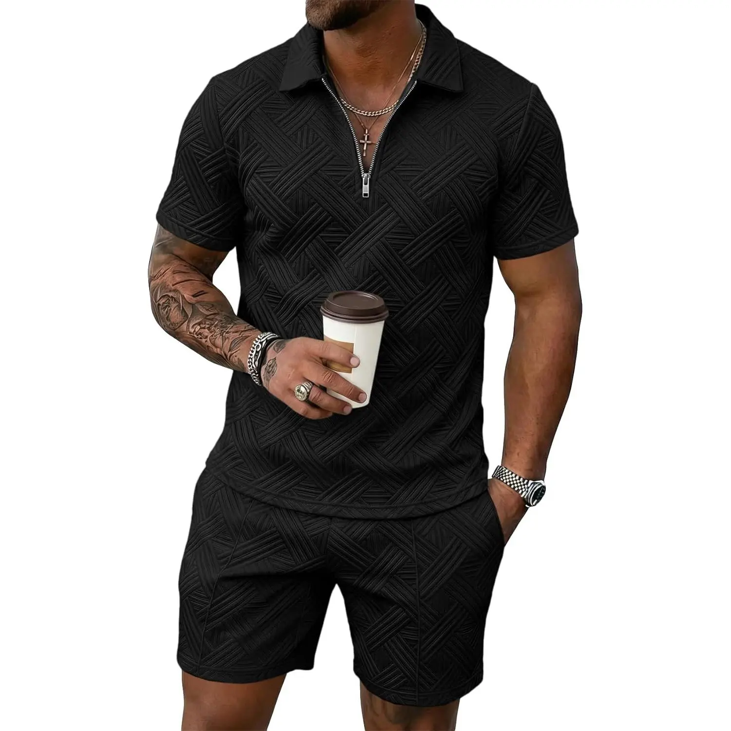 Men's Tracksuits 2 Piece Set, Casual Textured 1/4 Zip Polo Shirt with Matching Shorts, Summer Hawaiian Loungewear for Golf, Menswear, Basic, Elastic, Knitted, Quarter, Short Sleeve, Pleated, Textured Fabric, Drawstring, Jacquard Weave