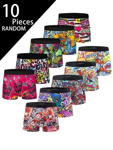 Men's Comfortable Trendy Geometric Graffiti Print Stretchy Boxer Briefs, Casual Fashion Versatile Four-Corner Underwear, Random 10 Pack, All Seasons Fitted
