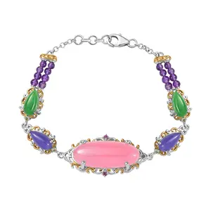 Pink JadeD and Multi Gemstones 31.70 ctw Royal Garden Bracelet in Rhodium and 18K Vermeil Yellow Gold Over Sterling Sliver 7.25 In Christmas Gifts