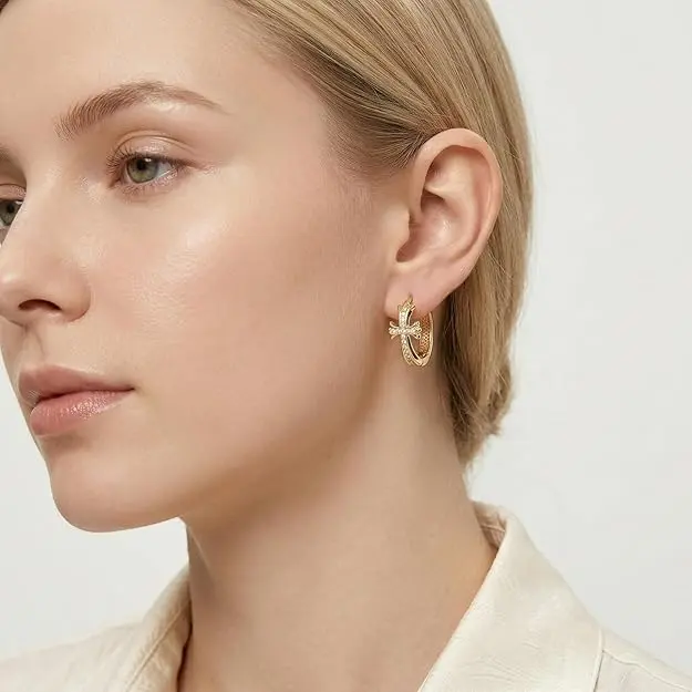 Women's 14K Gold-Plated Zircon Cross Hoop Earrings - French Retro, Hypoallergenic Dangle Circle Religious Earrings, Hoop Earrings Gold