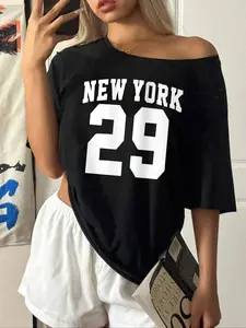 Women's New York Print Crop Tee, Casual Drop Shoulder Letter Print Off Shoulder T-shirt Streetwear for Daily Wear, Ladies Clothes for All Seasons, Top