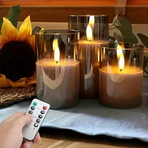 Flameless LED Candles (Set of 3)-RealWax Battery Operated Candles with Remote &Timer, Warm White Flickering Light for HomeDecor -Gray Glass Design craft resin