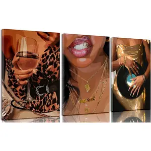 3 Pcs Framed Black Woman Canvas Wall Art Fashion African American Women Wall Decor Trendy Abstract Black Girl Poster Prints Artwork for Bedroom Living Room Office Home Decoration