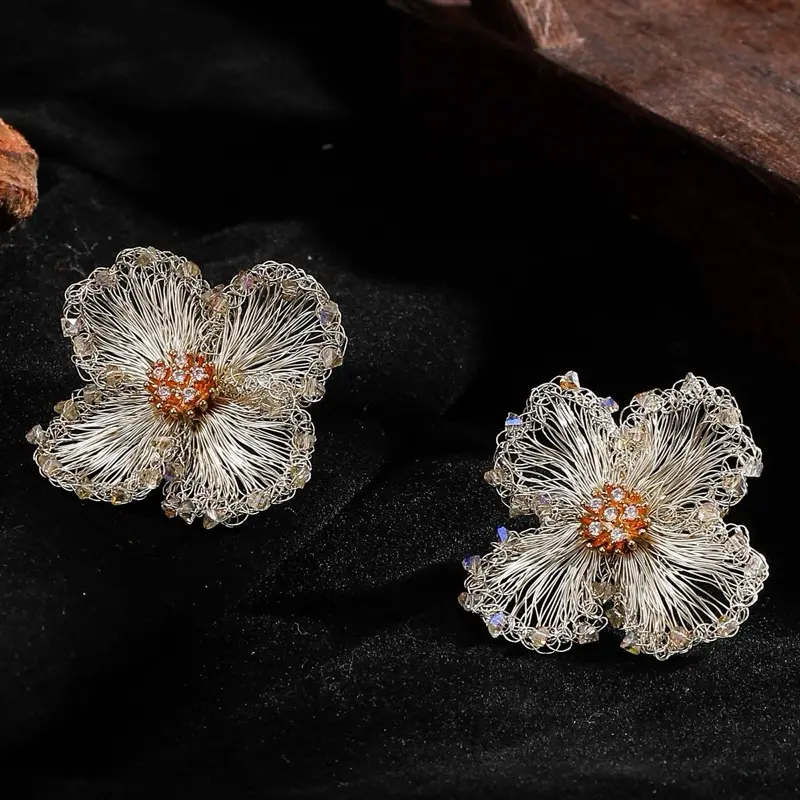 Hibiscus Stud Earrings - Elegant Floral Design with Intricate Wirework and Sparkling Center