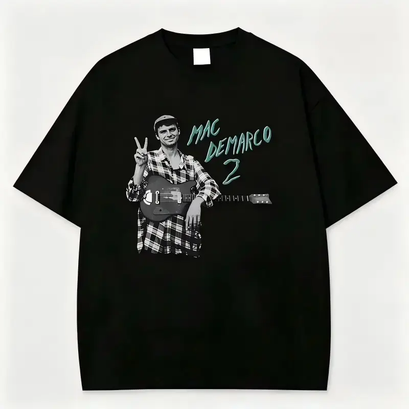 100% Cotton T-Shirt Mac Demarco Music Artist Portrait With Guitar And Peace Sign Mac DeMarco Tee, Indie rock shirts, Cute shirts, indie graphic tees, Trendy shirts, Retro band tee, Unisex