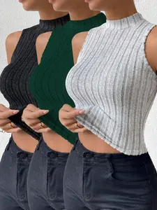 Women's Solid Mock Neck Ribbed Tank Top, Basic Casual Sleeveless Top for Summer, Ladies Clothes for Daily Wear