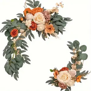 2-piece set of elegant brown decorative flower arch ornaments, artificial roses, peonies with gray willow leaves, perfect for wedding decorations, reception party backgrounds, home decor, holiday decorations, Faux Flower Garland