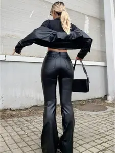Curvy Tight-Fitting Coated Wide Leg Leather Pants, Medium Waist, Spring & Fall Loose Fit Outerwear, Women's Fashion