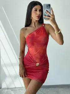 ARTYOTI Women's White Asymmetrical Shoulder Metal Buckle Decor Sexy Bodycon Mini Dress, Sexy Party Dress, Spring/Summer Clothing, Commute, Elegant, Sexy, Music Festival