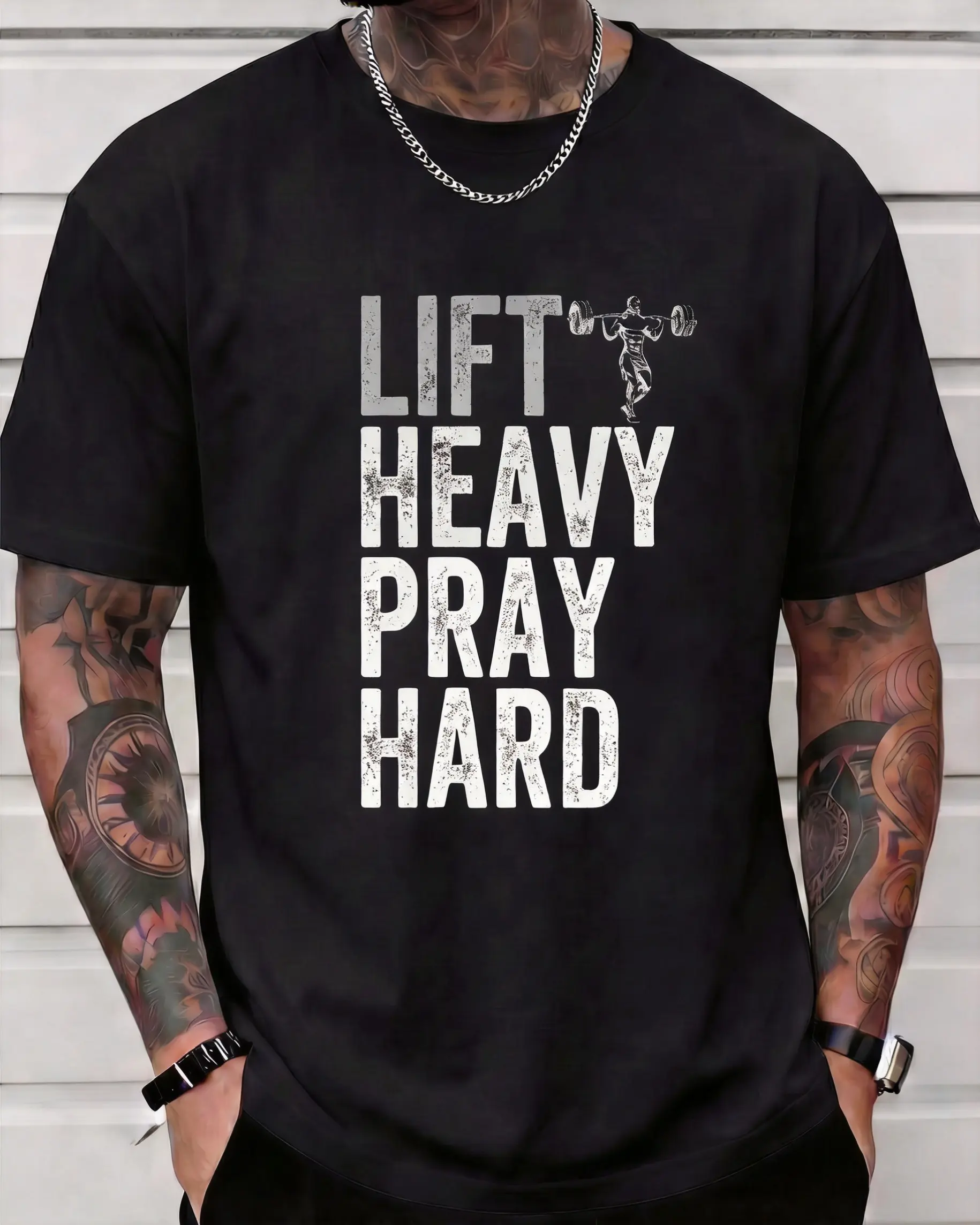 Men's Lift Heavy Pray Hard Graphic Tee Round Neck Short Sleeve Distressed Christian Fitness Workout Shirt Father's Day Gym Bro Motivational Gift Top
