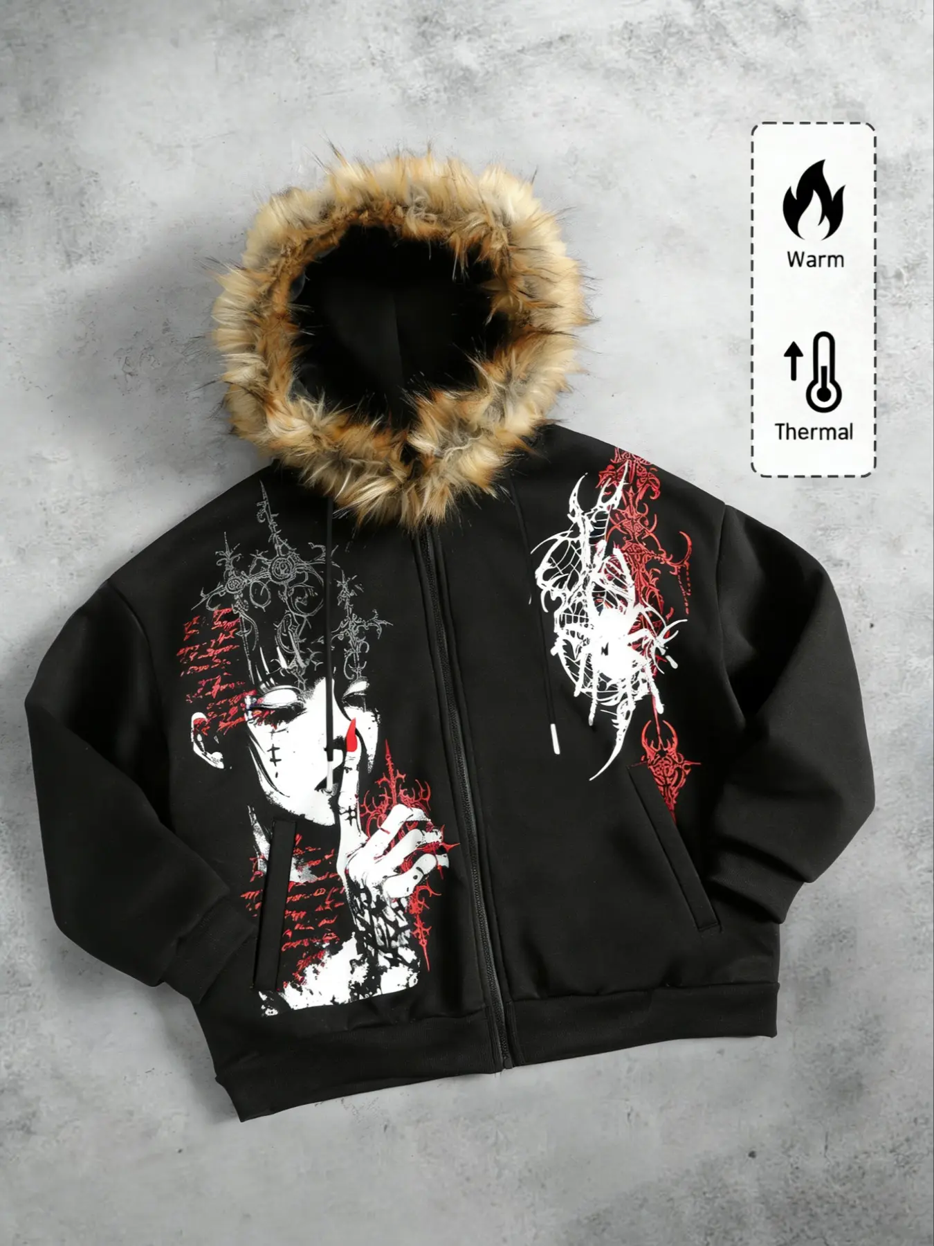 Men's Fleece Lined Graphic Print Hoodie Gothic Anime Street Style Zipper Sweatshirt Dark Art Print Cool Coat for Winter Casual Streetwear Sweatshirt