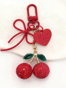 Cherry Red Heart Pendant: Vintage Sweet-Cool Style, Encrusted Cherry With A Heart-Shaped Plaque, Accented With Leather Knots, Can Be Hung On Bags, Sparkly Bag Charm, Keychain, Bag Accessories, Ideal Gift For Loved Ones