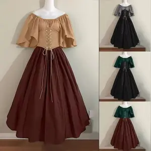 Women's dress with flying sleeves and large swing skirt Europe and America Medieval retro slim skirt. One-shoulder cos costume