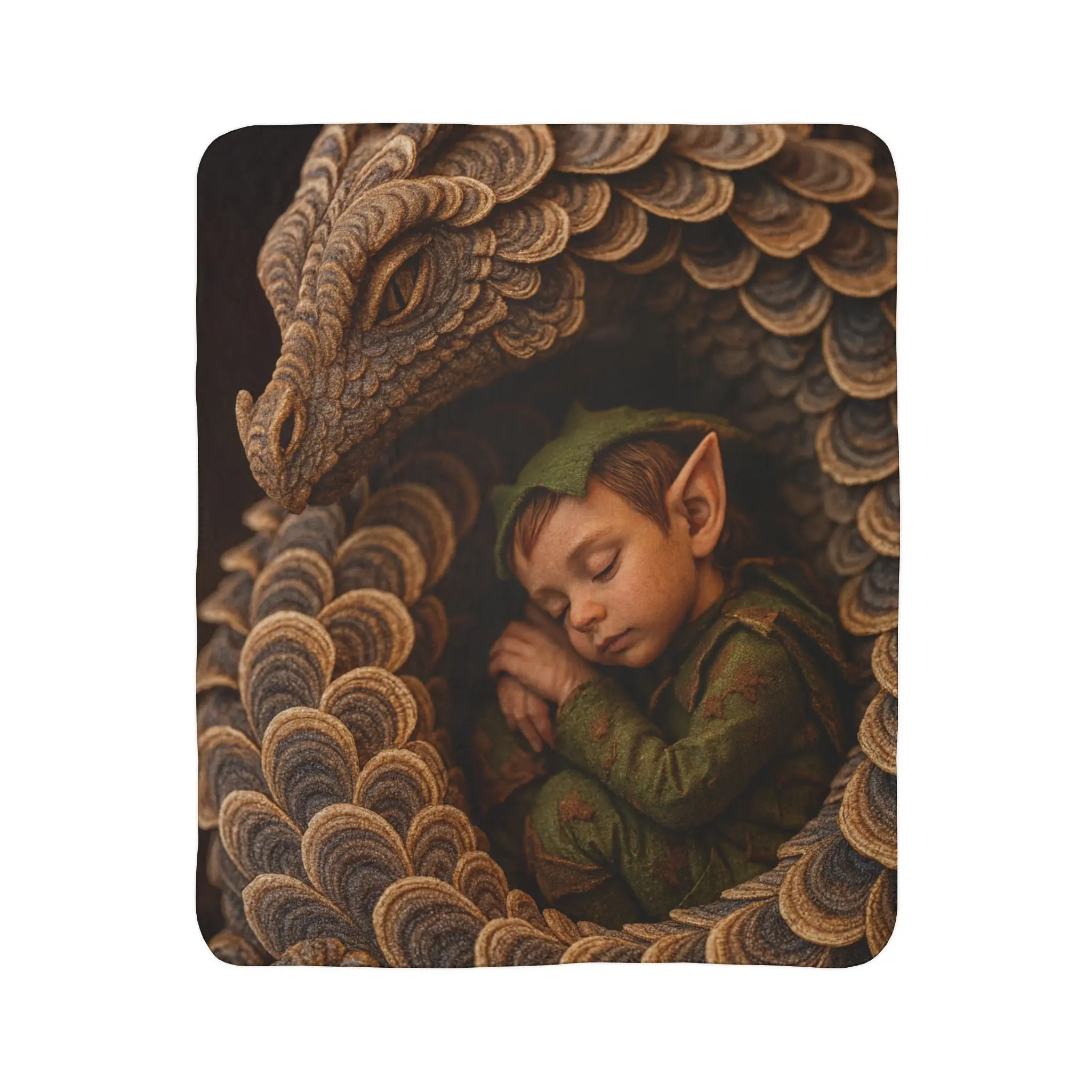 Sleeping Elf Dragon Embrace Fleece Blanket | Fantasy Illustration, Cozy Woodland
