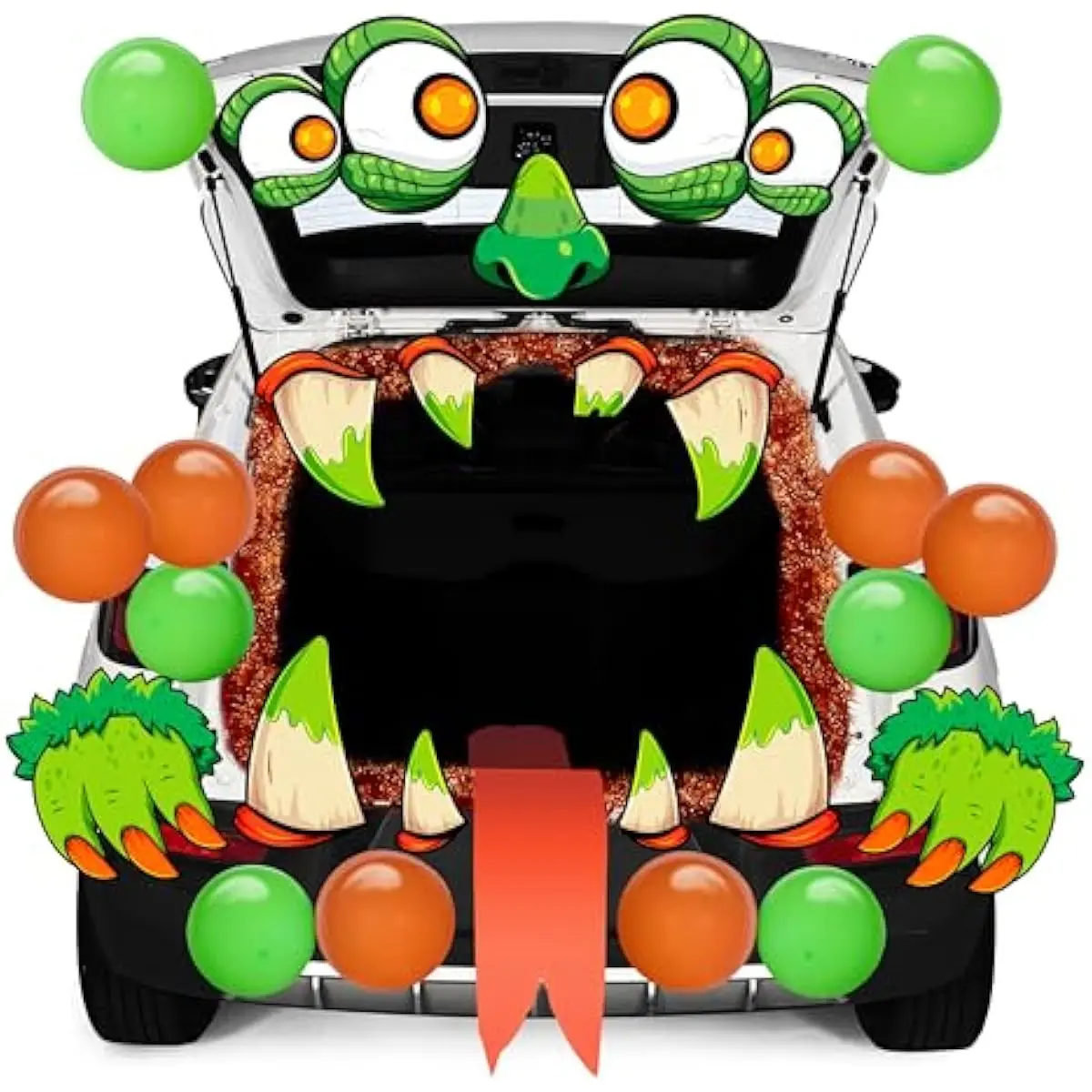 Halloween Trunk or Treat 3D Monster-Themed Car Decoration Kit with Eyes, Teeth, Tassels, Balloons, and Tongue for Garage Door Entryway Archway and Decor Outdoor
