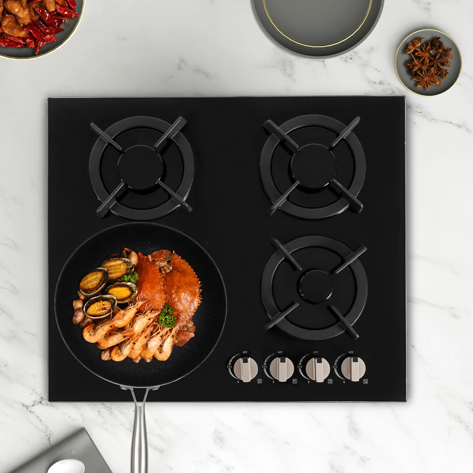Built-in 4-Burner Gas Stove Set - 8mm Tempered Glass Flat-Top Commercial Stove, NG-LPG Convertible, Electronic Ignition, 32KW Cast Iron Burners, Modern Black Multifunction Household/Commercial Appliance, Flat-Top Commercial Stoves
