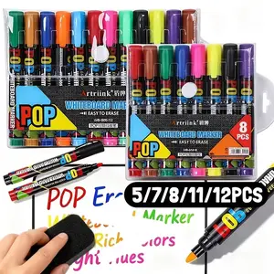 8/12 Colors Dry Erase Brush Tip Markers Set, Vibrant Fluorescent Whiteboard Pens, Coloring Markers, Easy Wipe off & Smooth Writing, Back to School Supplies