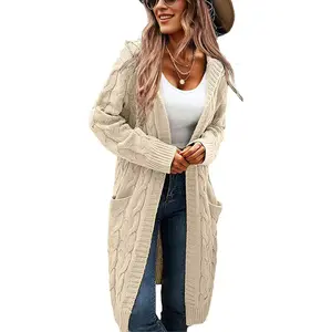 Hooded Open Front Long Cardigan Cable Knit Sweaters Side Pocket Oversized Chunky Cardigan Outwear Coat