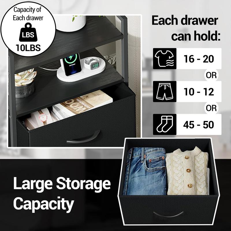 Bedside Table, Side End Table with 4 Fabric Storage Drawers, Bedside Cabinet with Open Storage Shelf, Nightstand for Bedroom, Livingroom, Office, 41 * 29 * 83.5Cm, Black Bedside Table, Side End Table with 4 Fabric Storage Drawers, Bedside Cabinet with Open Storage Shelf, Nightstand for Bedroom, Livingroom, Office, 41 * 29 * 83.5Cm, Black