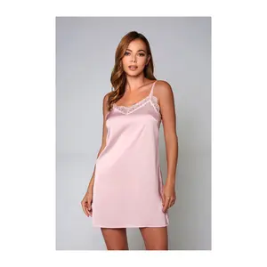 iCollection Stretch Satin Chemise with Lace Trim