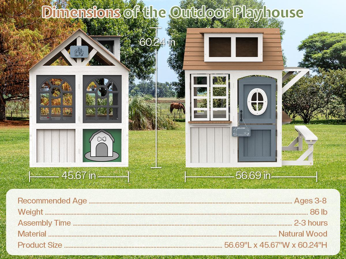ALBOTT Kids Outdoor Wooden Playhouse with Kitchen Set, Durable Fir Wood Construction with Waterproof Roof & Rust-Resistant Hinges, Pretend Playhouse for 3–8 Years Old Boys & Girls
