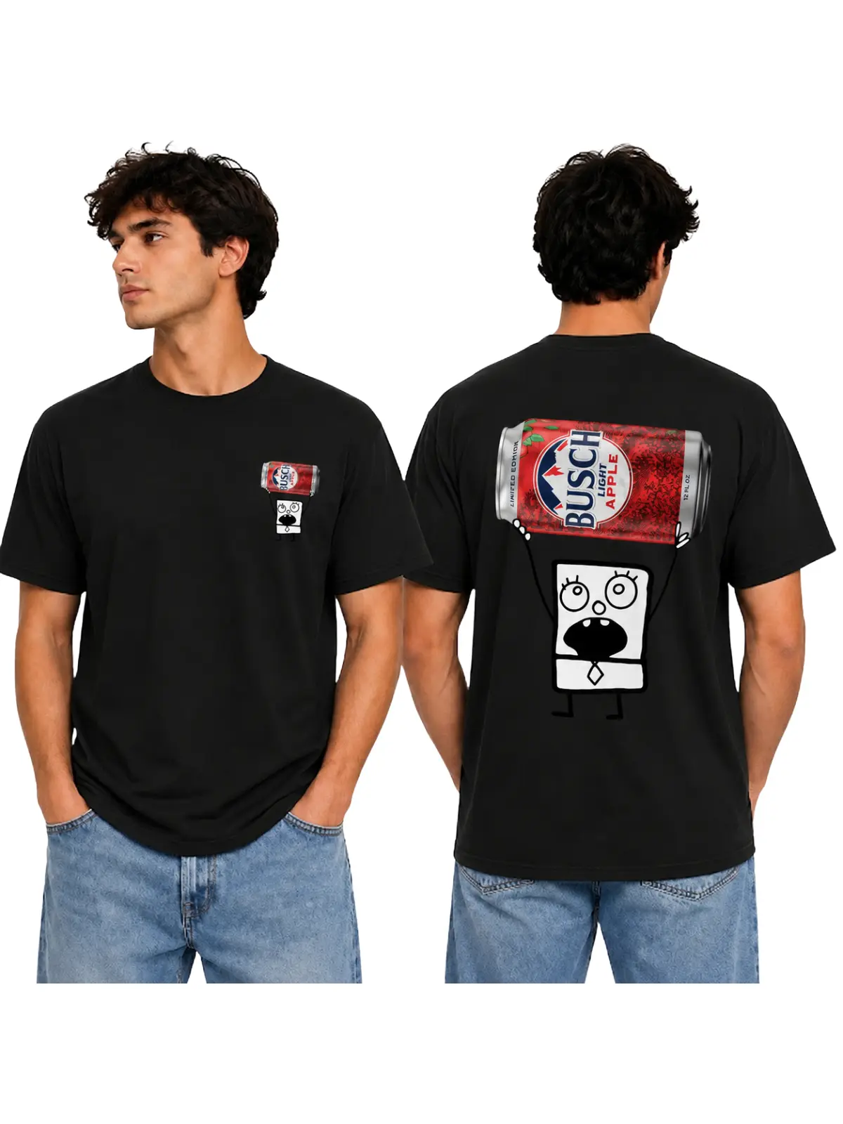 Spongebob Busch Light Apple T-Shirt, Funny Cartoon Can Graphic Tee, Vintage Retro Spongebob Beer Parody Shirt, Busch Light Apple Summer Drinking Design, Cool Oversized Black Tee for Men Women, Perfect Gift for Him Her