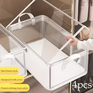 4 Large Transparent PVC Storage Boxes with Lids, Foldable Dustproof Organizers, Folding Storage Bin, Ideal for Clothes & Trousers, Home & Dormitory Use
