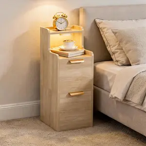 Narrow Nightstand with LED Light, Small Side Table with 2 Drawers, Open Shelf, Modern Bedside Table, Slim End Table for Small Spaces, Skinny Night Stand for Bedroom, Natural ETNA35E01