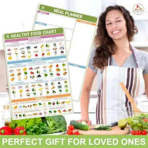 Healthy Food Chart Magnet Set 2 Pack 10"x14" Magnetic Dry Erase Fridge Chart Vitamin Nutrition Posters Kitchen Conversion Meal Planner Diet 3 Markers Eraser Perfect Gift