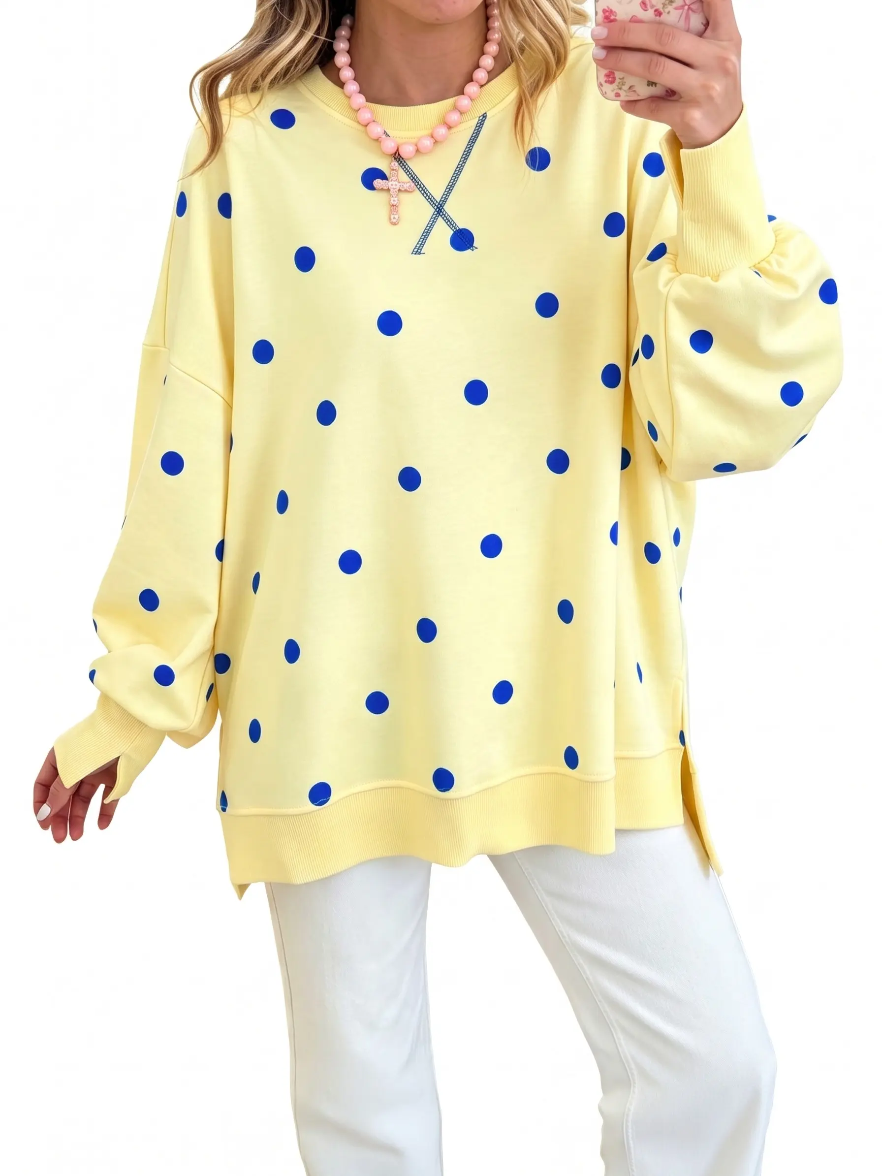 Women's Oversized Polka Dot Sweatshirt Crewneck Long Sleeve Drop Shoulder Pullover Tops with Split Hem Casual Yellow