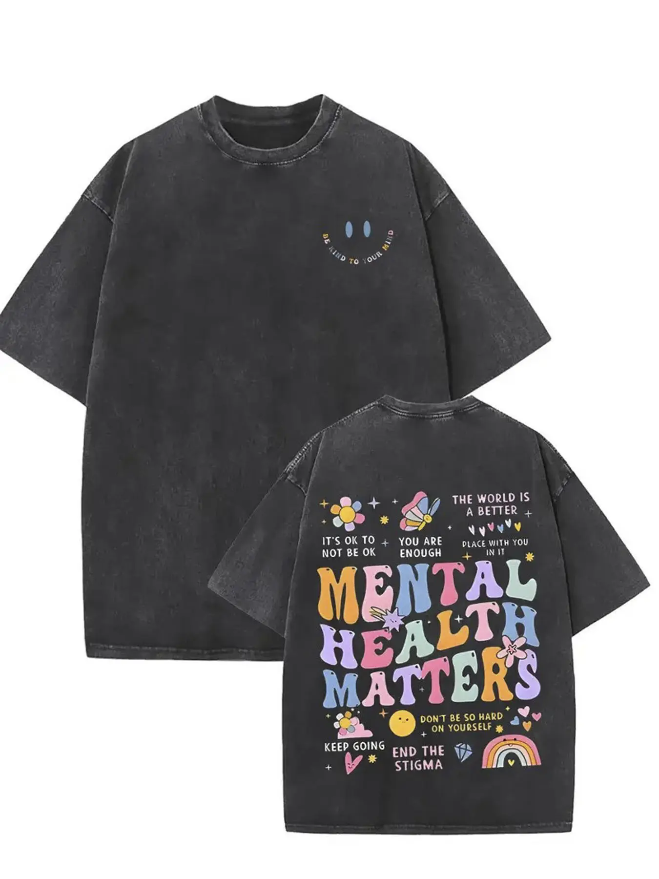 Retro Washed Black Oversized T-Shirt, Double-Sided Mental Health Matters Graphic Print Tee, Casual Crew Neck Short Sleeve Top, Streetwear Unisex Loose Fit T-Shirt for Men & Women, Positive Aesthetic