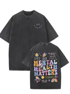 Retro Washed Black Oversized T-Shirt, Double-Sided Mental Health Matters Graphic Print Tee, Casual Crew Neck Short Sleeve Top, Streetwear Unisex Loose Fit T-Shirt for Men & Women, Positive Aesthetic