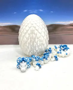 3D Printed Dragon with Egg, Articulated White and Blue Mushroom Dragon, 12 Inches Fidget ADHD Autism Toy D046-WB-WE